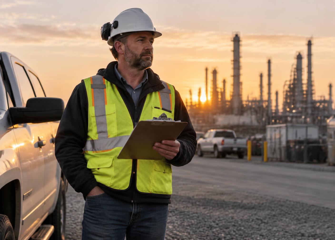 Turnaround crew project manager at dawn near the refinery
