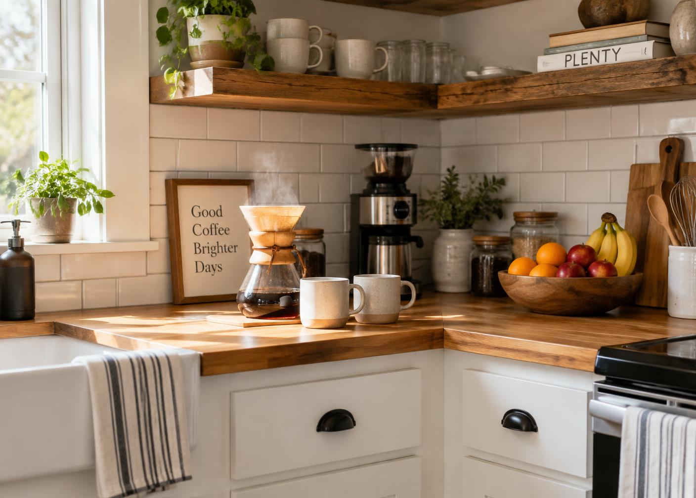 Kitchen counter with a coffee maker and mugs
